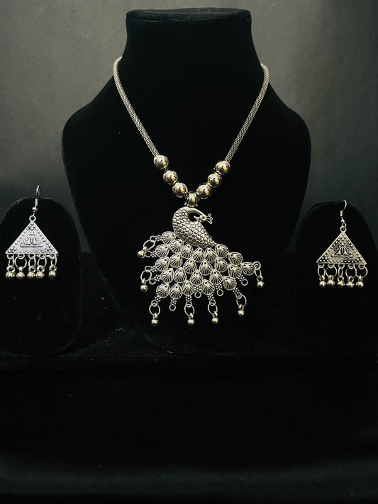 Lightweight Oxidized Necklace Set with Rectangular Pendant & Triangle Jhumkas