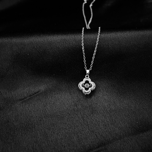 Silver-Tone Clover Pendant Necklace with Sparkling Stone Center