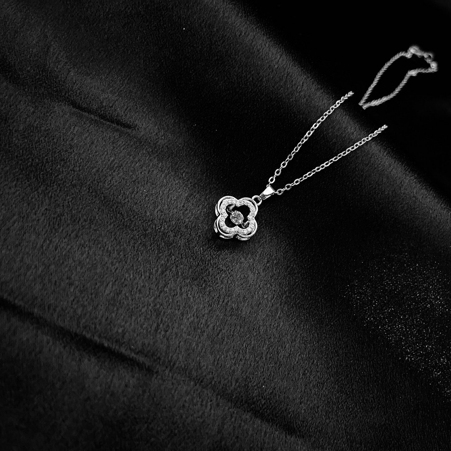 Silver-Tone Clover Pendant Necklace with Sparkling Stone Center