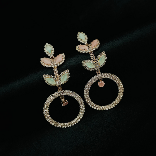 Floral Leaf Crystal Hoop Drop Earrings - Partywear