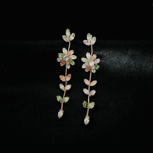 Elegant Long Floral Drop Earrings with Crystal and Pastel Accents - Party Wear