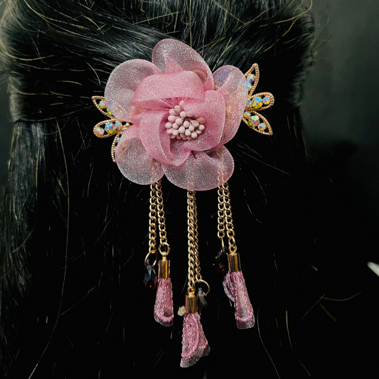 Elegant Pink Floral Hair Clip with Crystal Detailing & Tassel Chains