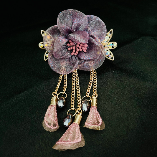 Elegant Purple Floral Hair Clip with Crystal Detailing & Tassel Chains