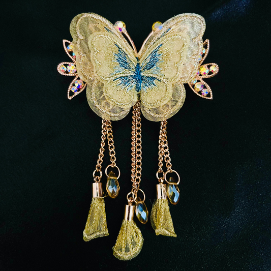 Elegant Golden Butterfly Hair Clutcher with Crystal and Dangling Chains