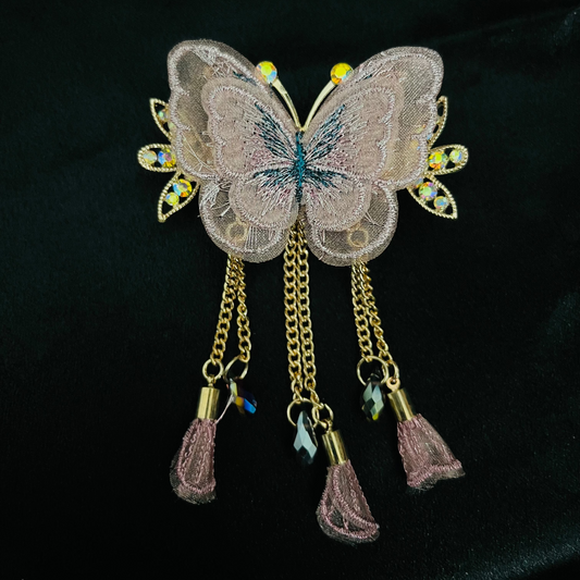 Elegant Pink Butterfly Hair Clutcher with Crystal and Dangling Chains