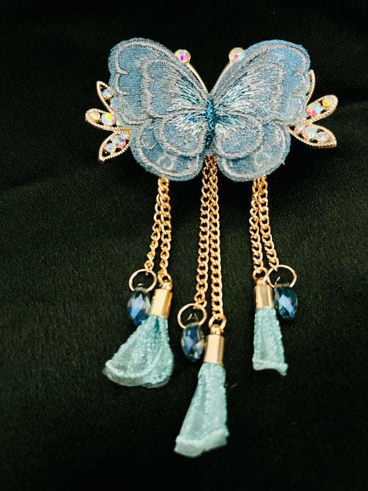 Elegant Sky Blue Butterfly Hair Clutcher with Crystal and Dangling Chains