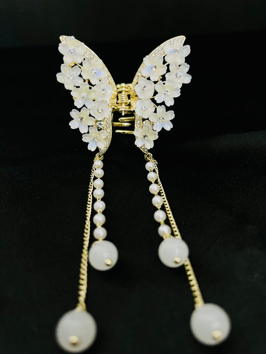 Luxury White Floral Butterfly Hair Clutcher with Pearls and Crystal Detailing