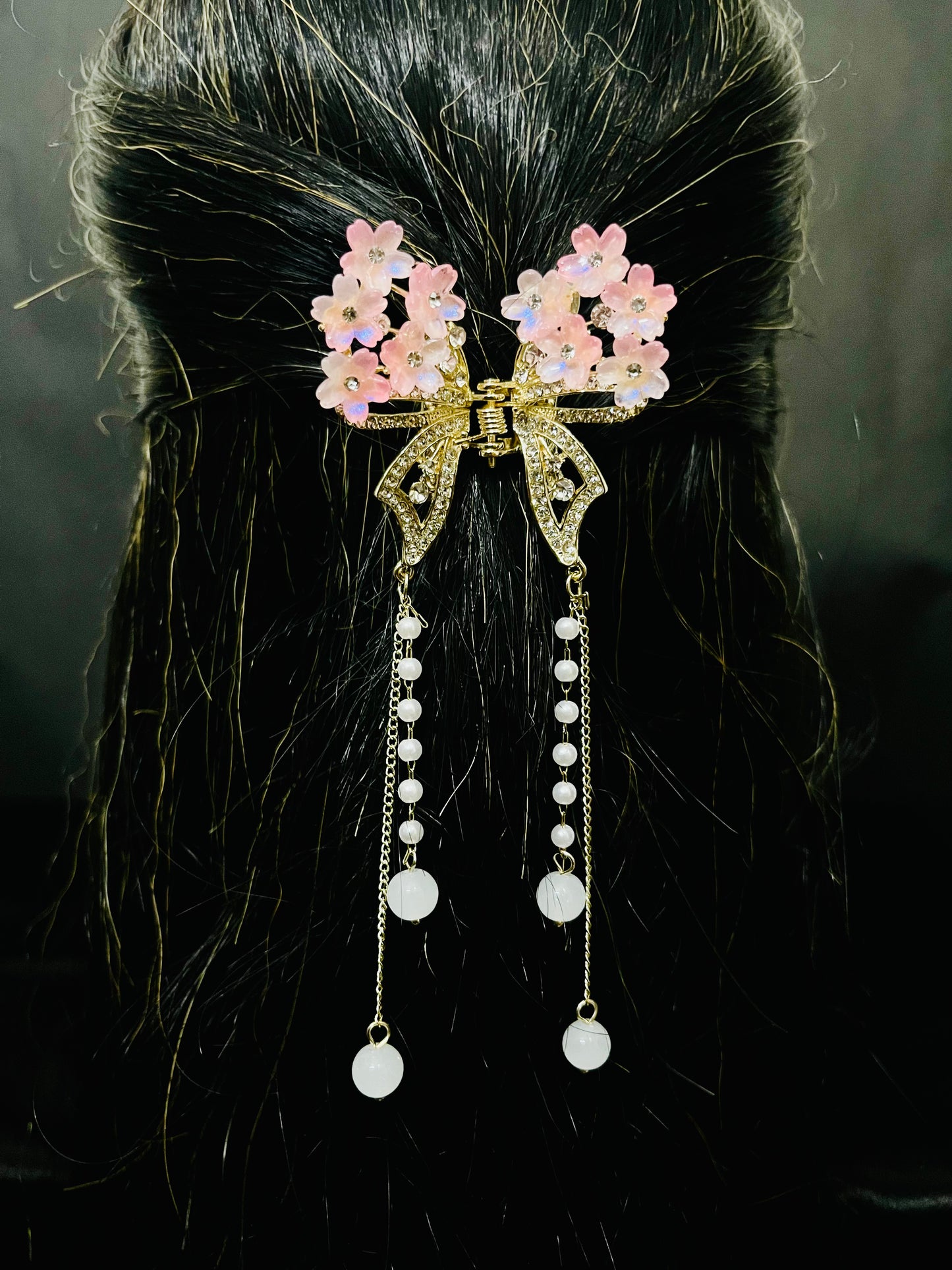 Luxury Pink Floral Butterfly Hair Clutcher with Pearls and Crystal Detailing