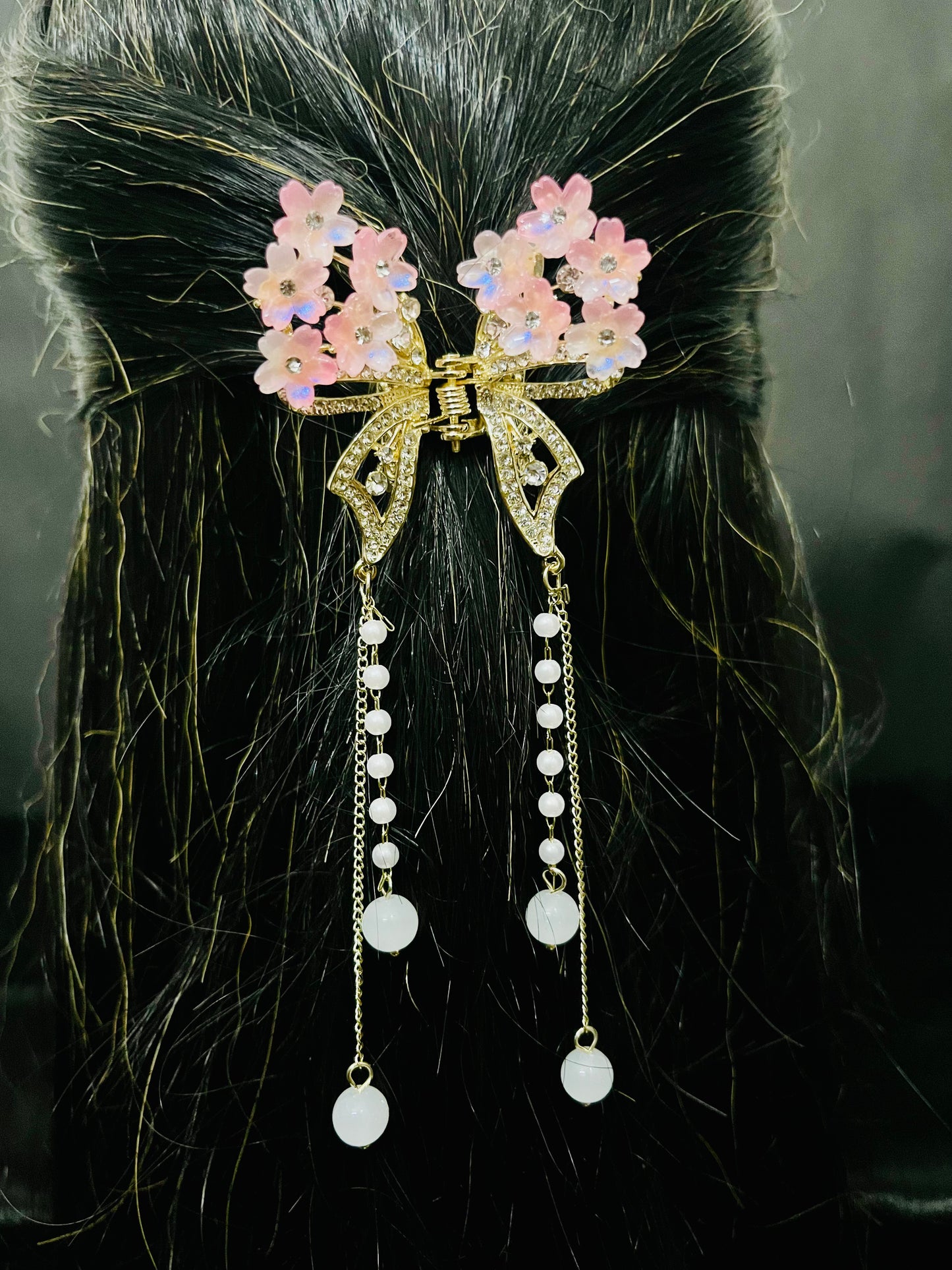 Luxury Pink Floral Butterfly Hair Clutcher with Pearls and Crystal Detailing