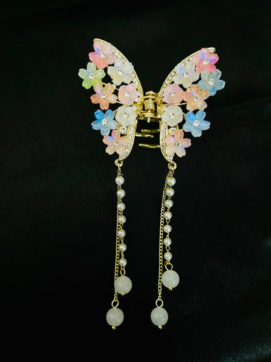 Luxury Multicolor Floral Butterfly Hair Clutcher with Pearls and Crystal Detailing