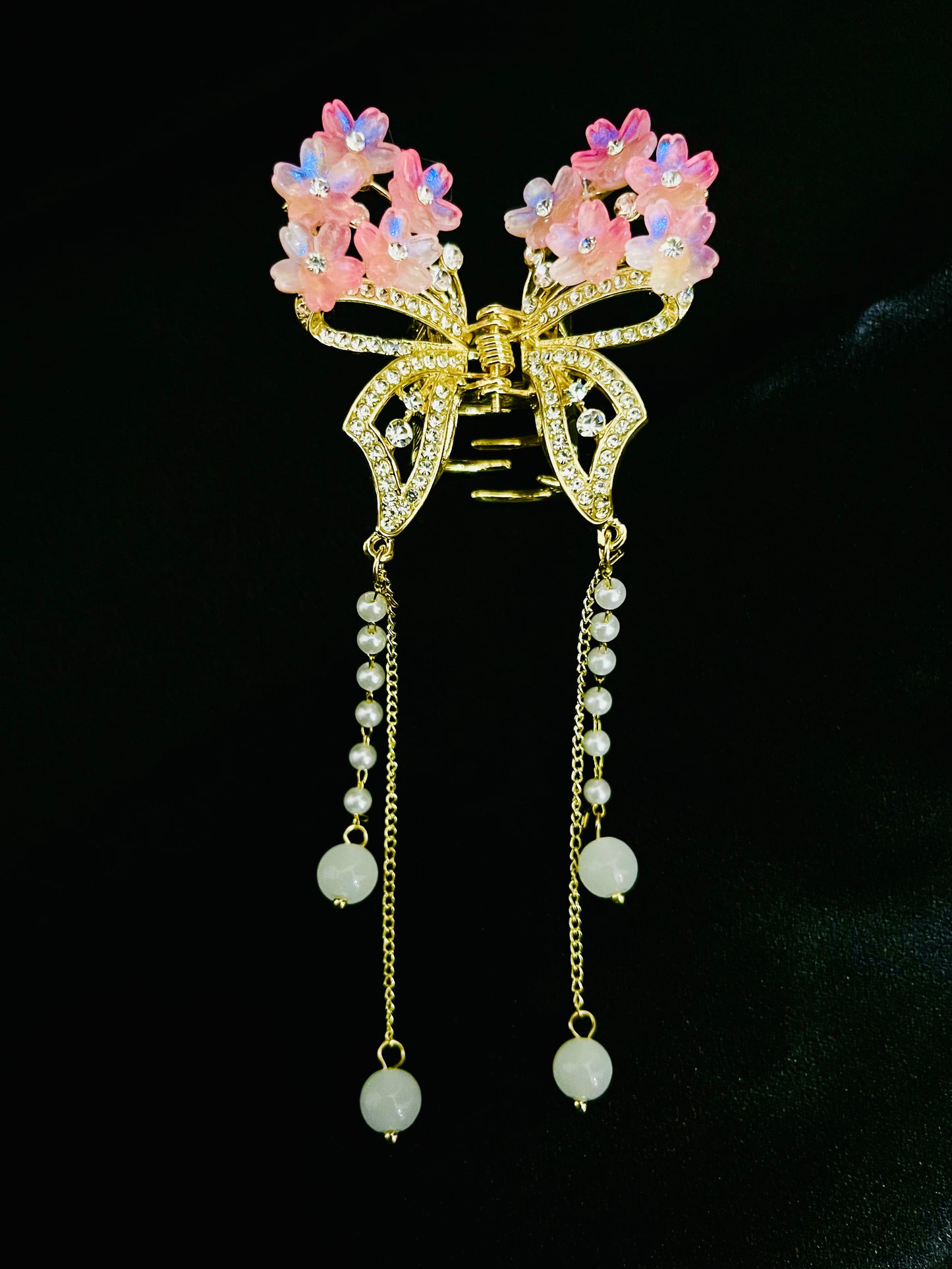 Luxury Pink Floral Butterfly Hair Clutcher with Pearls and Crystal Detailing