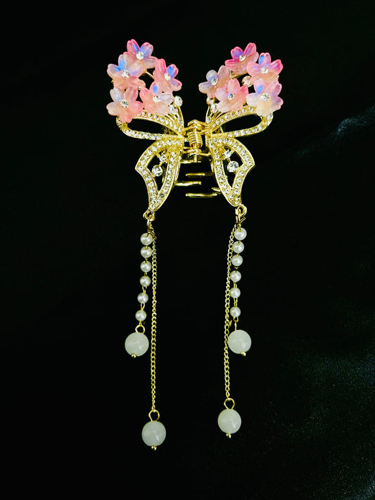 Luxury Pink Floral Butterfly Hair Clutcher with Pearls and Crystal Detailing