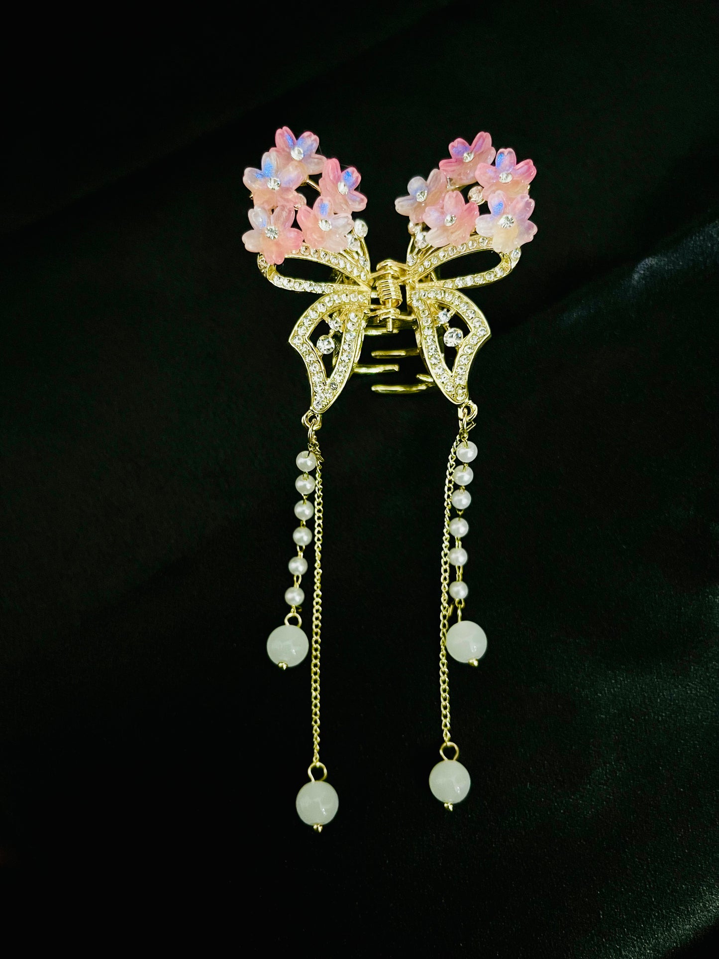 Luxury Pink Floral Butterfly Hair Clutcher with Pearls and Crystal Detailing