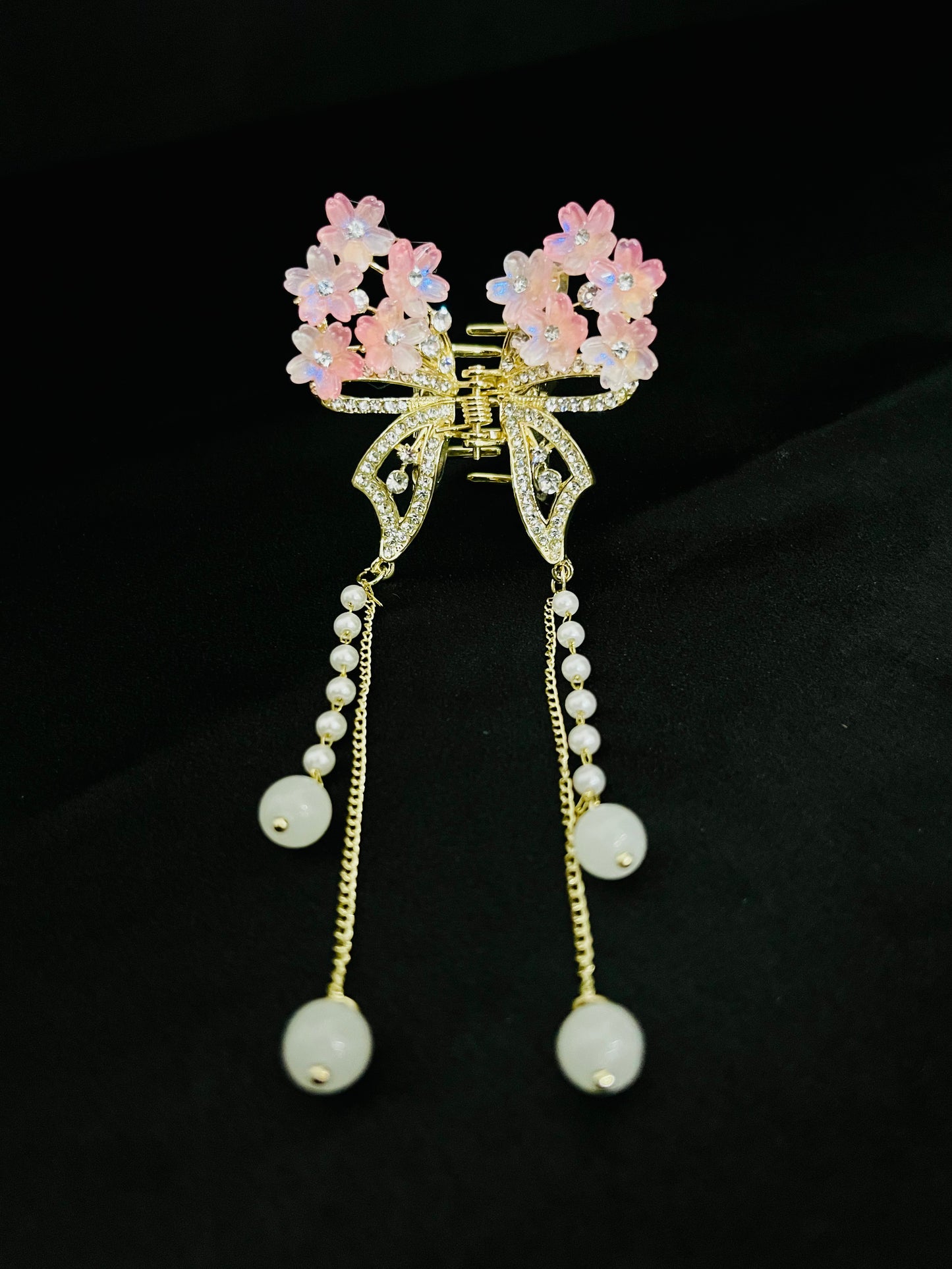 Luxury Pink Floral Butterfly Hair Clutcher with Pearls and Crystal Detailing