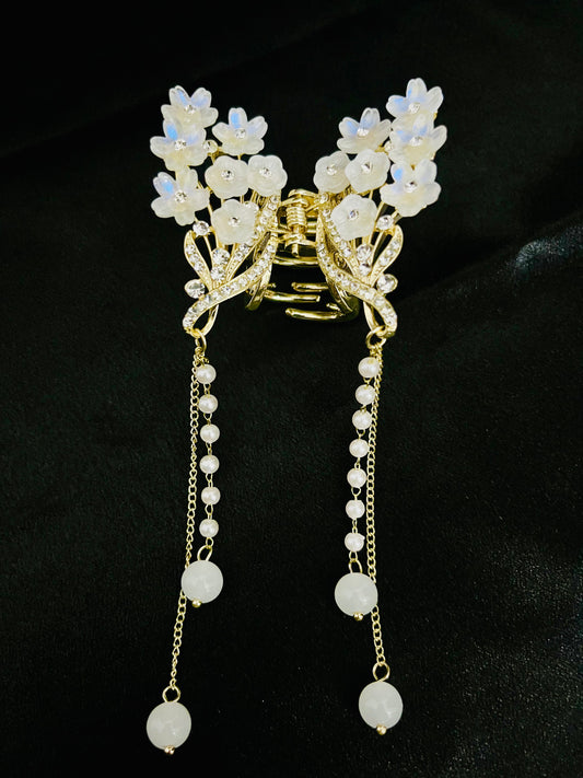 Luxury White Floral Butterfly Hair Clutcher with Pearls and Crystal Detailing