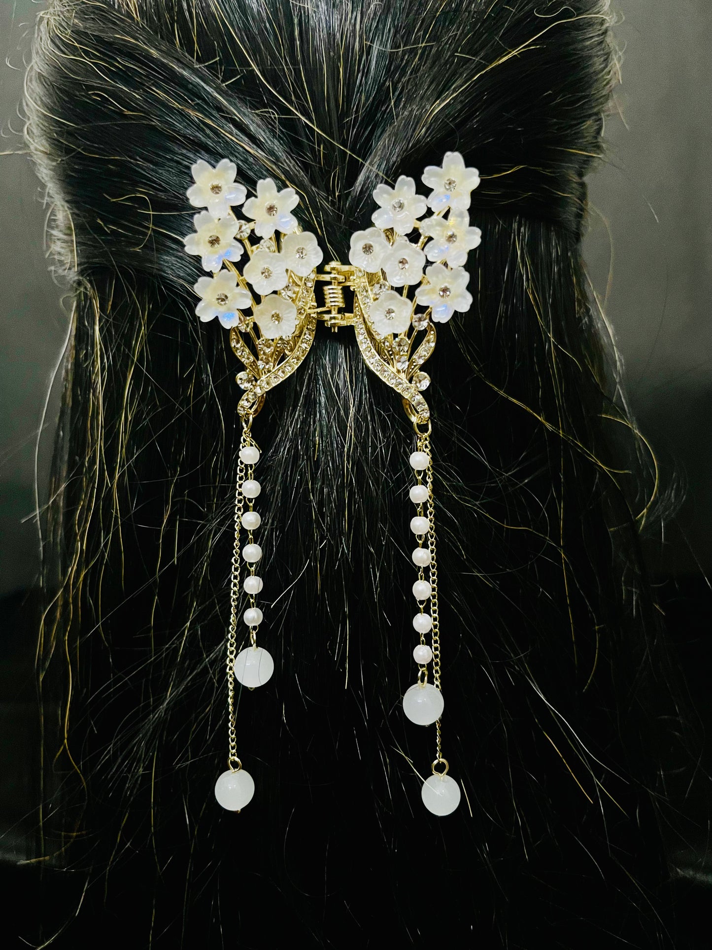 Luxury White Floral Butterfly Hair Clutcher with Pearls and Crystal Detailing