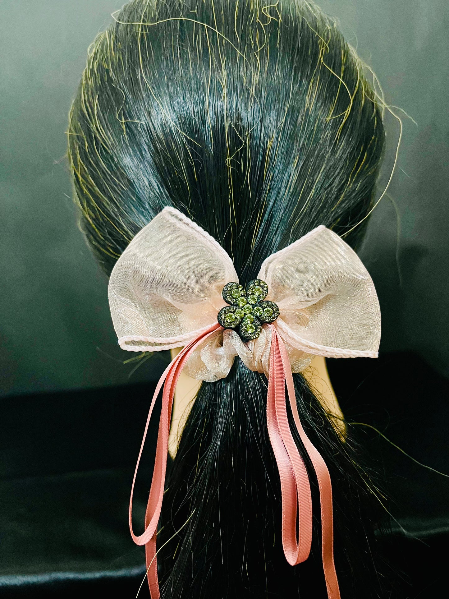 Pack of 2 Elegant Bow Scrunchies with Rhinestone Flower Charm – Satin & Organza Hair Ties