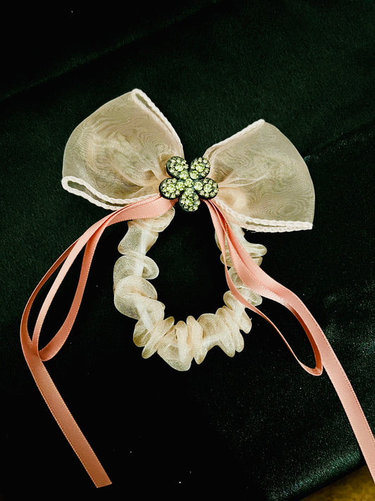 Pack of 2 Elegant Bow Scrunchies with Rhinestone Flower Charm – Satin & Organza Hair Ties