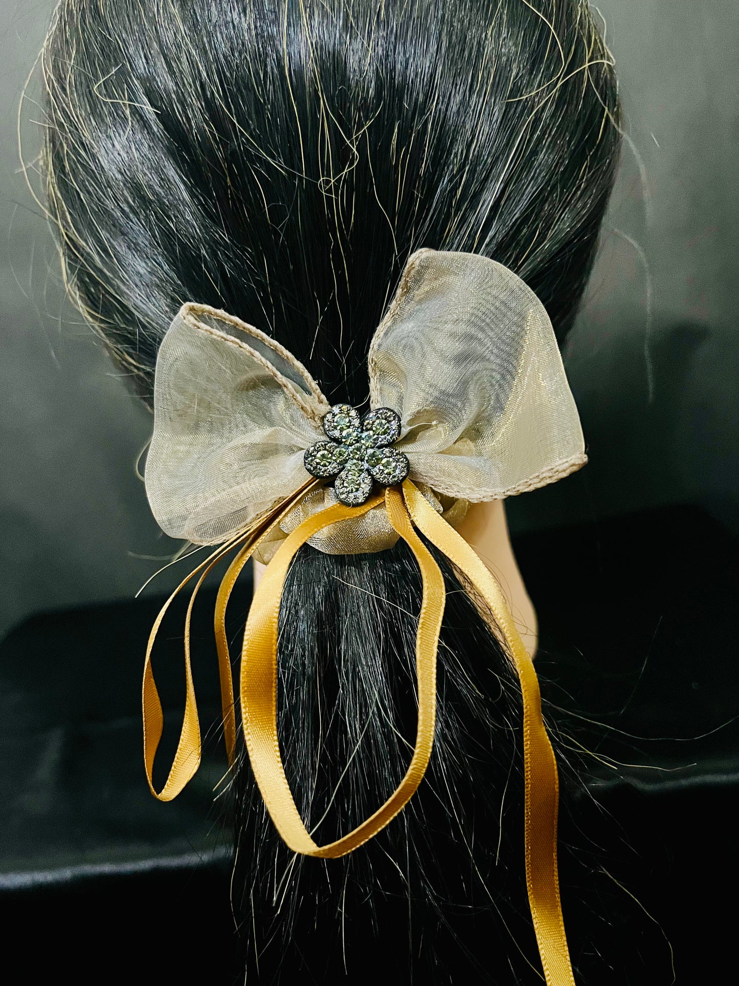 Pack of 2 Elegant Bow Scrunchies with Rhinestone Flower Charm – Satin & Organza Hair Ties