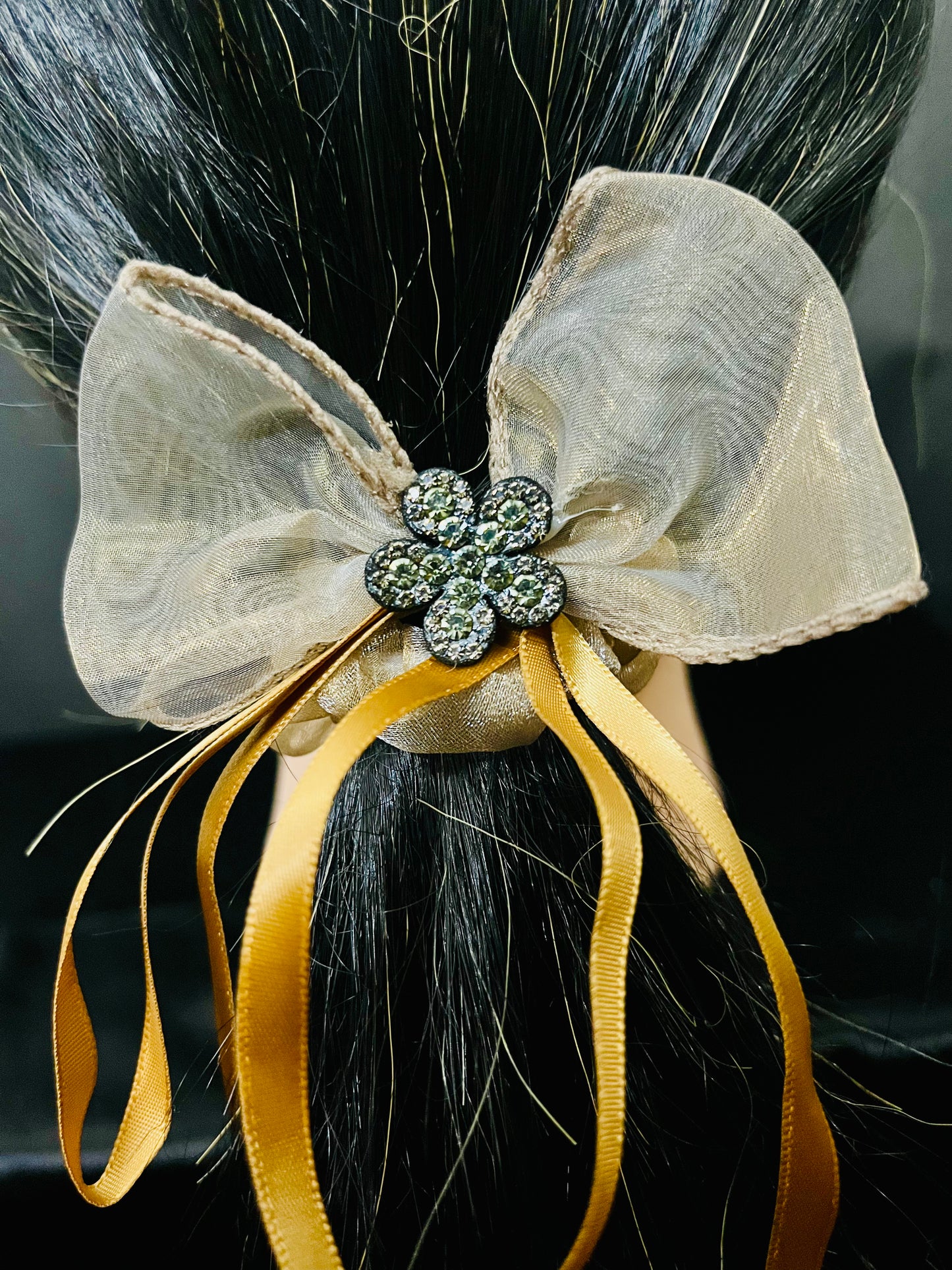 Pack of 2 Elegant Bow Scrunchies with Rhinestone Flower Charm – Satin & Organza Hair Ties