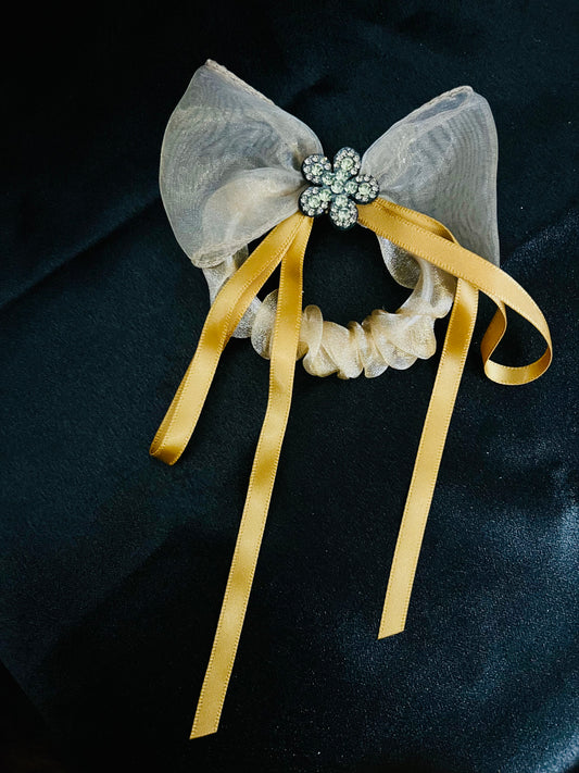 Pack of 2 Elegant Bow Scrunchies with Rhinestone Flower Charm – Satin & Organza Hair Ties