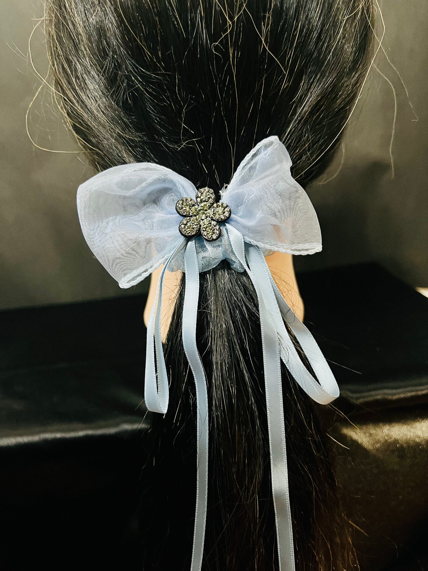 Pack of 2 Elegant Bow Scrunchies with Rhinestone Flower Charm – Satin & Organza Hair Ties