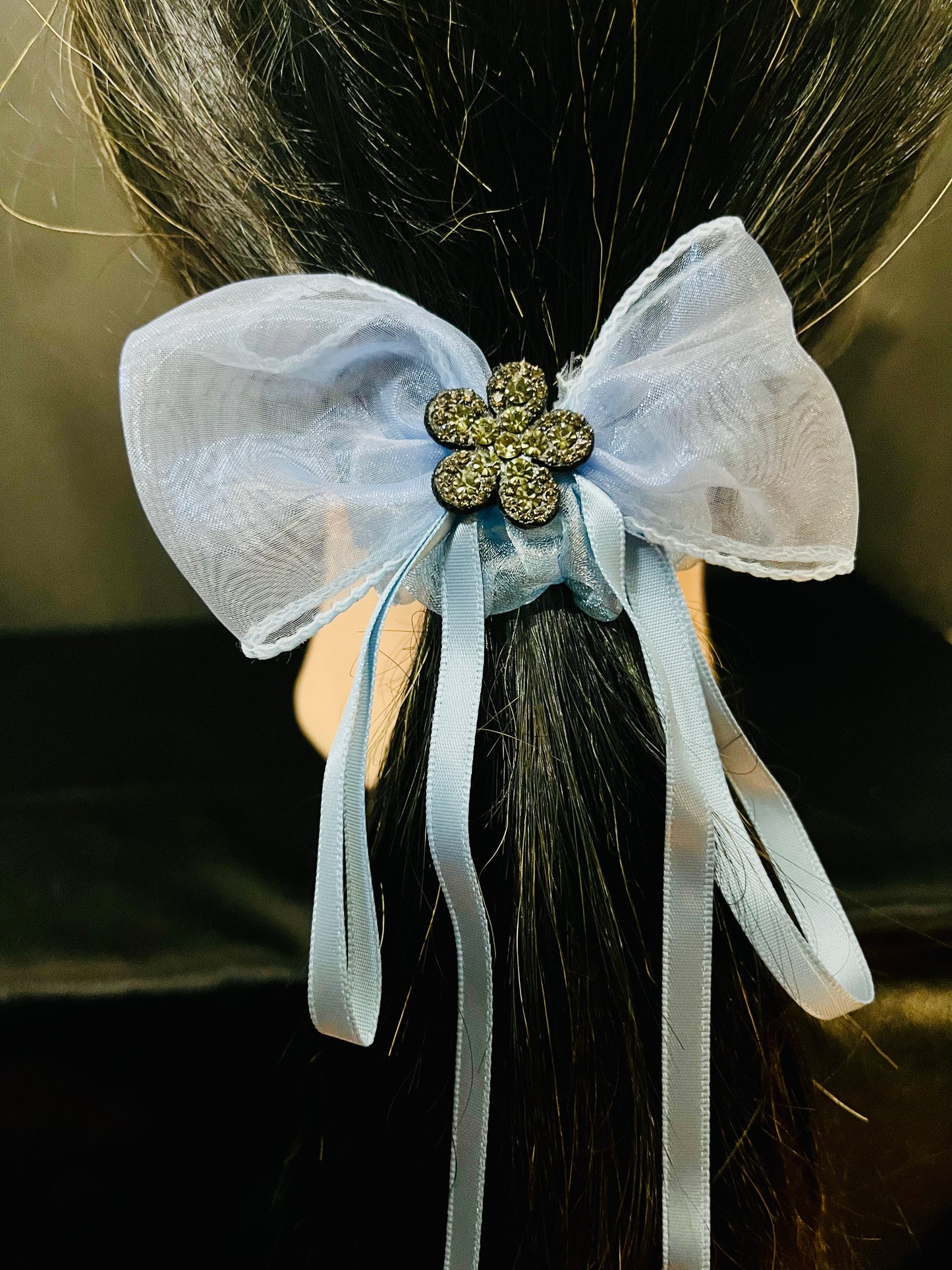 Pack of 2 Elegant Bow Scrunchies with Rhinestone Flower Charm – Satin & Organza Hair Ties