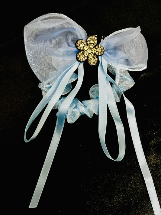 Pack of 2 Elegant Bow Scrunchies with Rhinestone Flower Charm – Satin & Organza Hair Ties