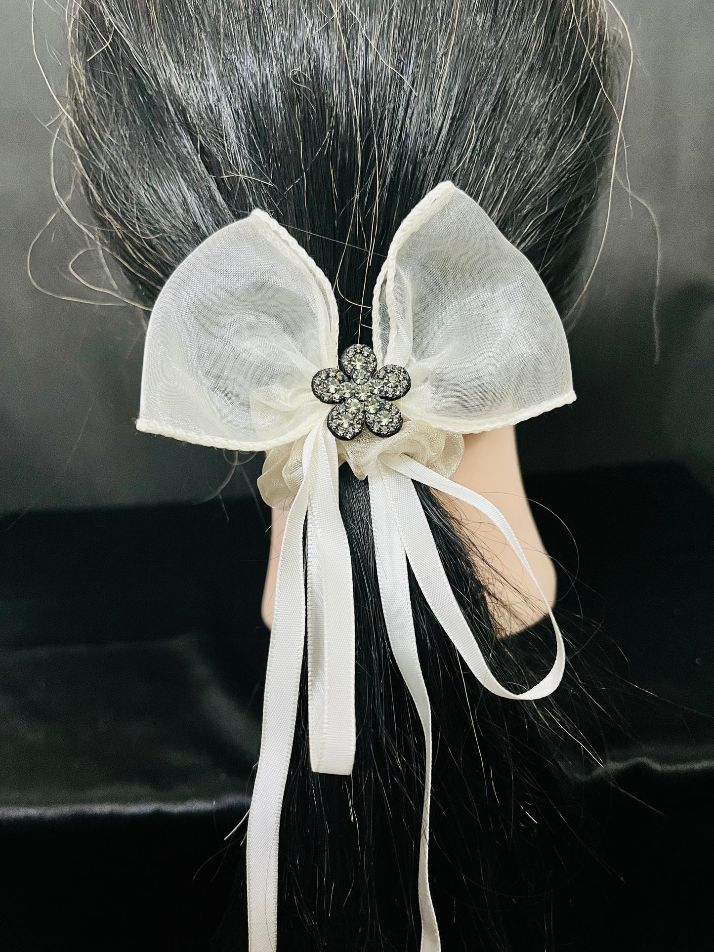 Pack of 2 Elegant Bow Scrunchies with Rhinestone Flower Charm – Satin & Organza Hair Ties