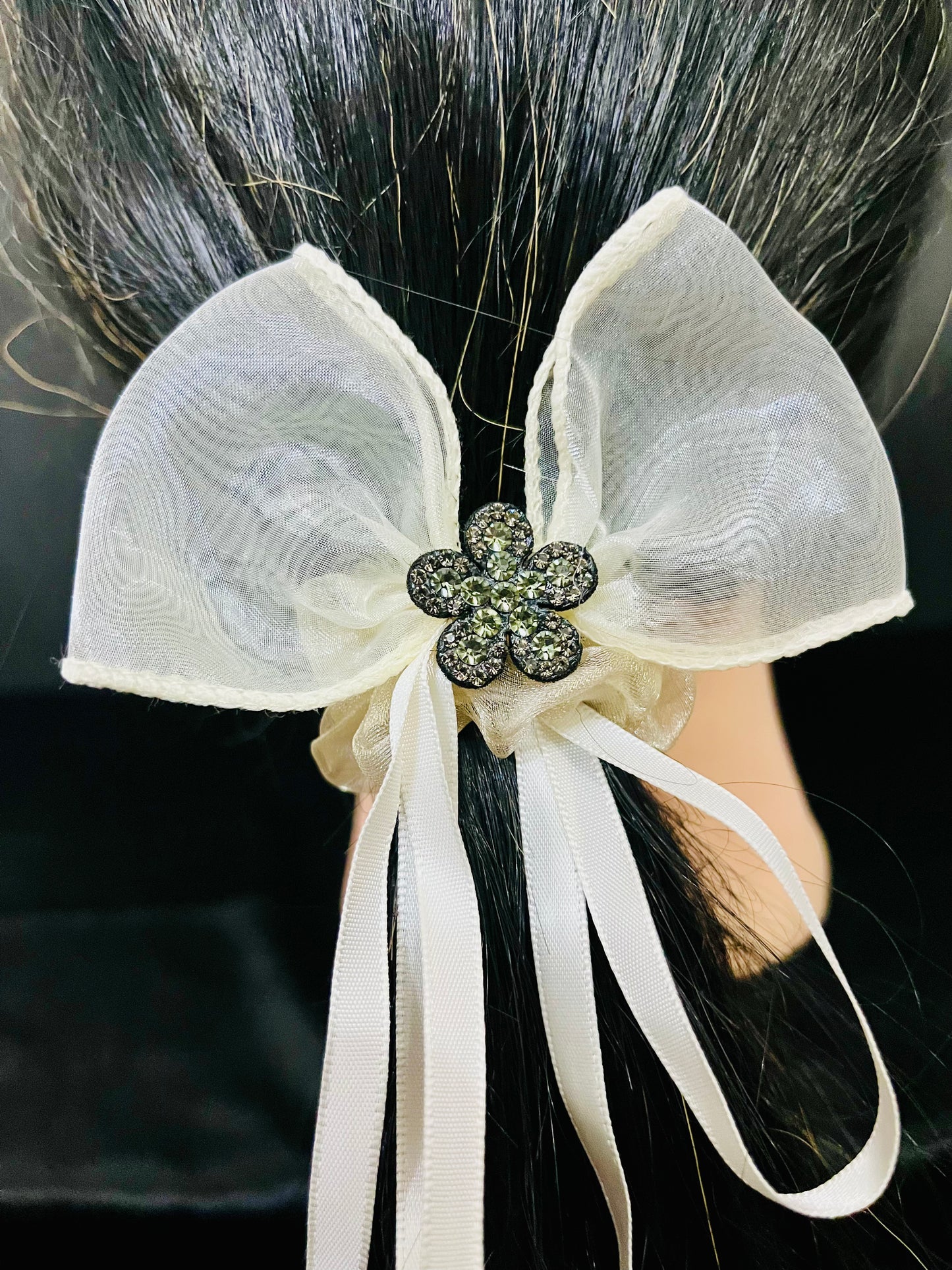 Pack of 2 Elegant Bow Scrunchies with Rhinestone Flower Charm – Satin & Organza Hair Ties