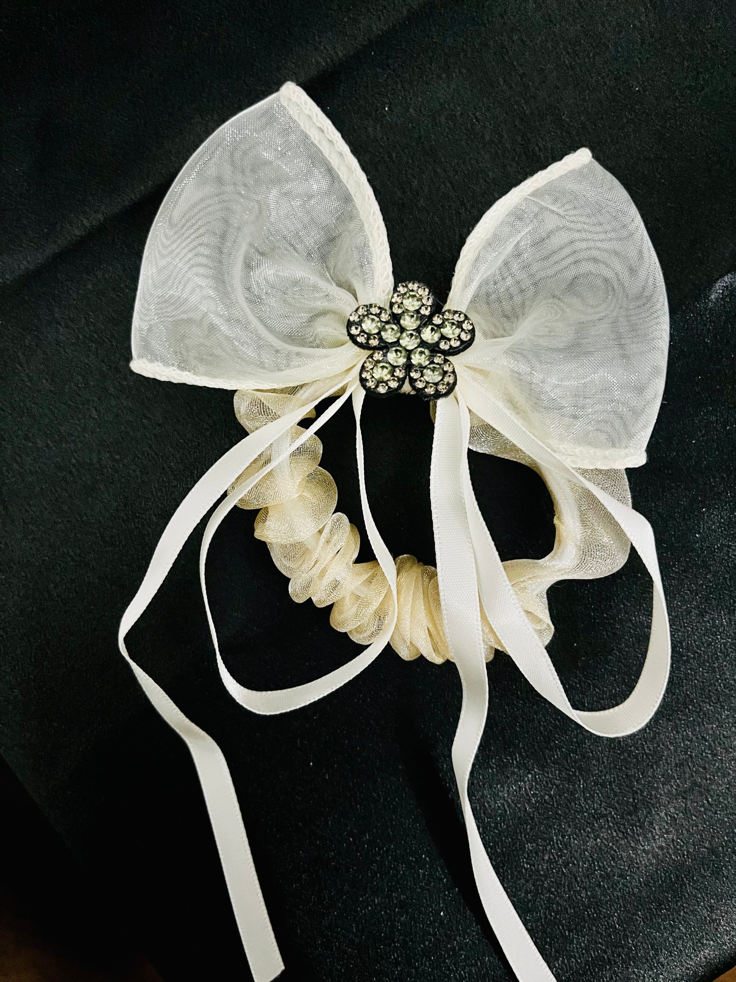 Pack of 2 Elegant Bow Scrunchies with Rhinestone Flower Charm – Satin & Organza Hair Ties