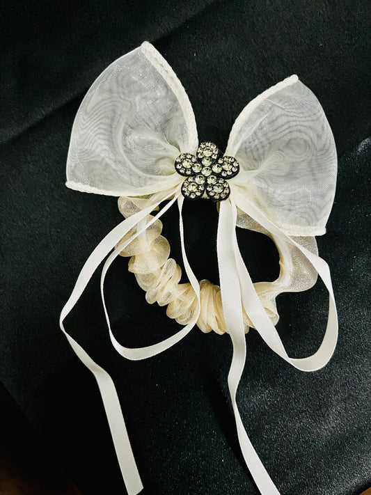 Pack of 2 Elegant Bow Scrunchies with Rhinestone Flower Charm – Satin & Organza Hair Ties