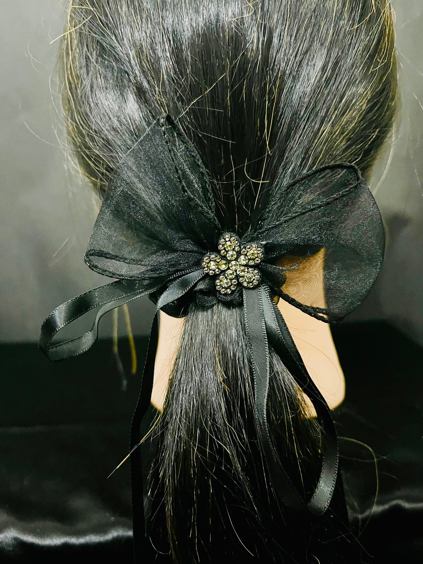 Pack of 2 Elegant Bow Scrunchies with Rhinestone Flower Charm – Satin & Organza Hair Ties