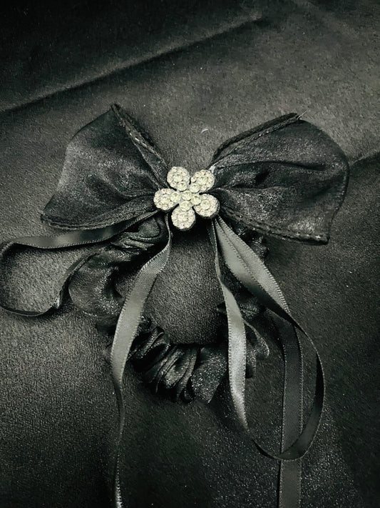 Pack of 2 Elegant Bow Scrunchies with Rhinestone Flower Charm – Satin & Organza Hair Ties