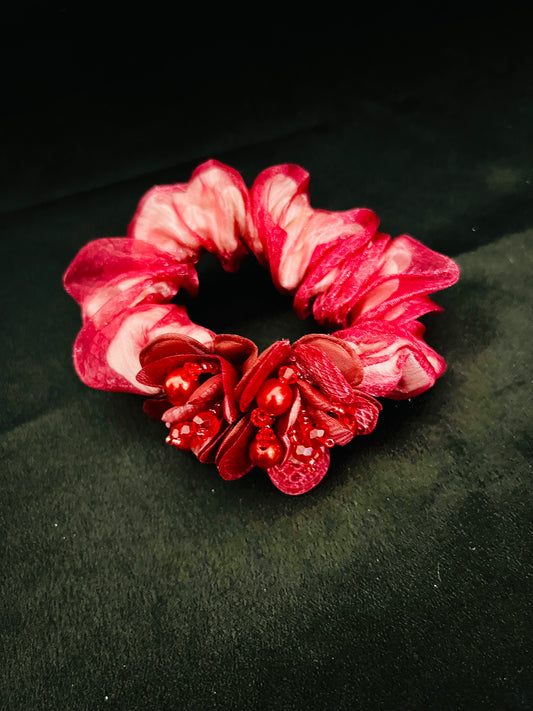Pack of 2 Red Floral Scrunchies with Beads & Crystal Detailing – Designer Hair Ties