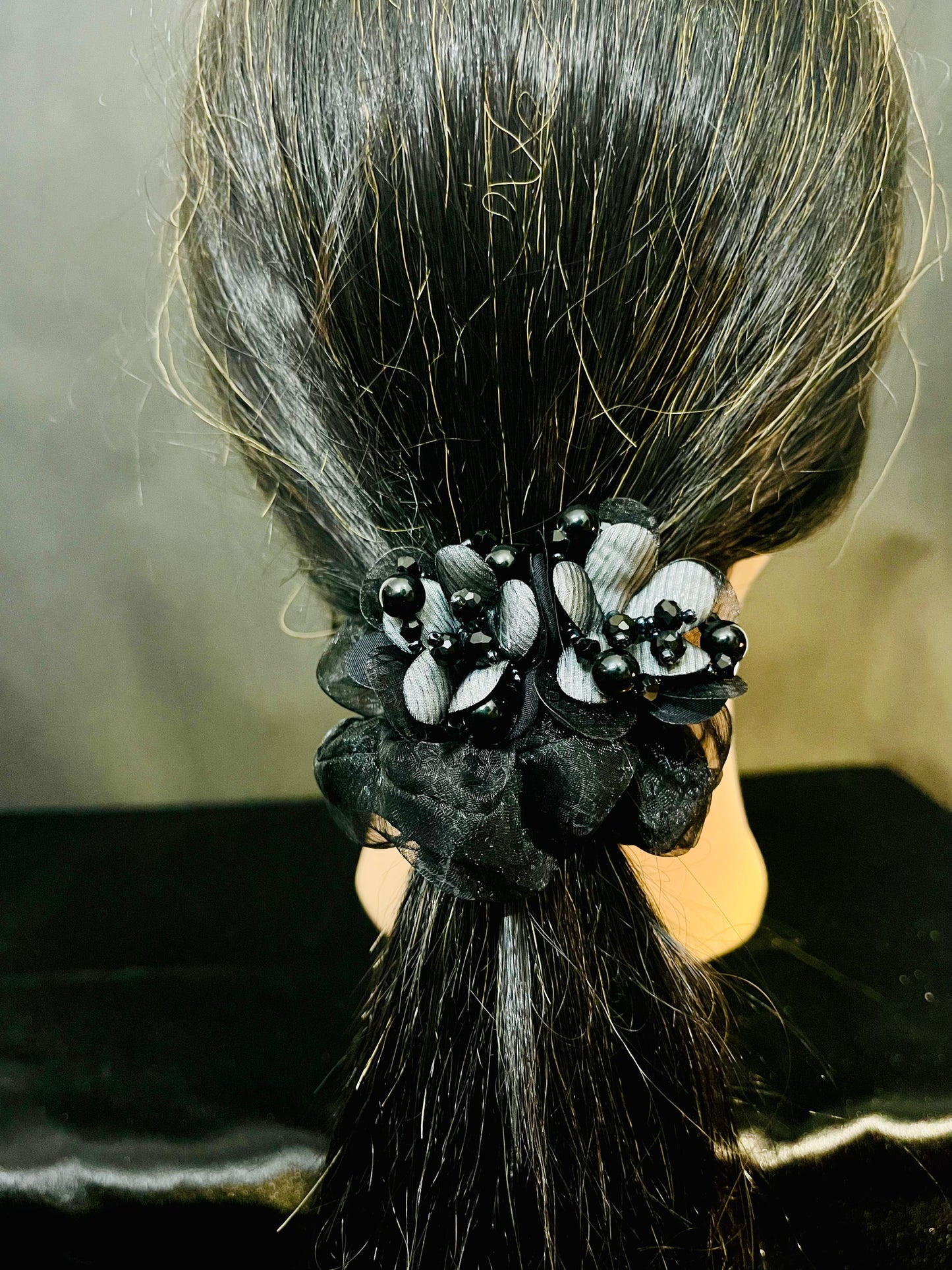 Pack of 2 Black Floral Scrunchies with Beads & Crystal Detailing – Designer Hair Ties