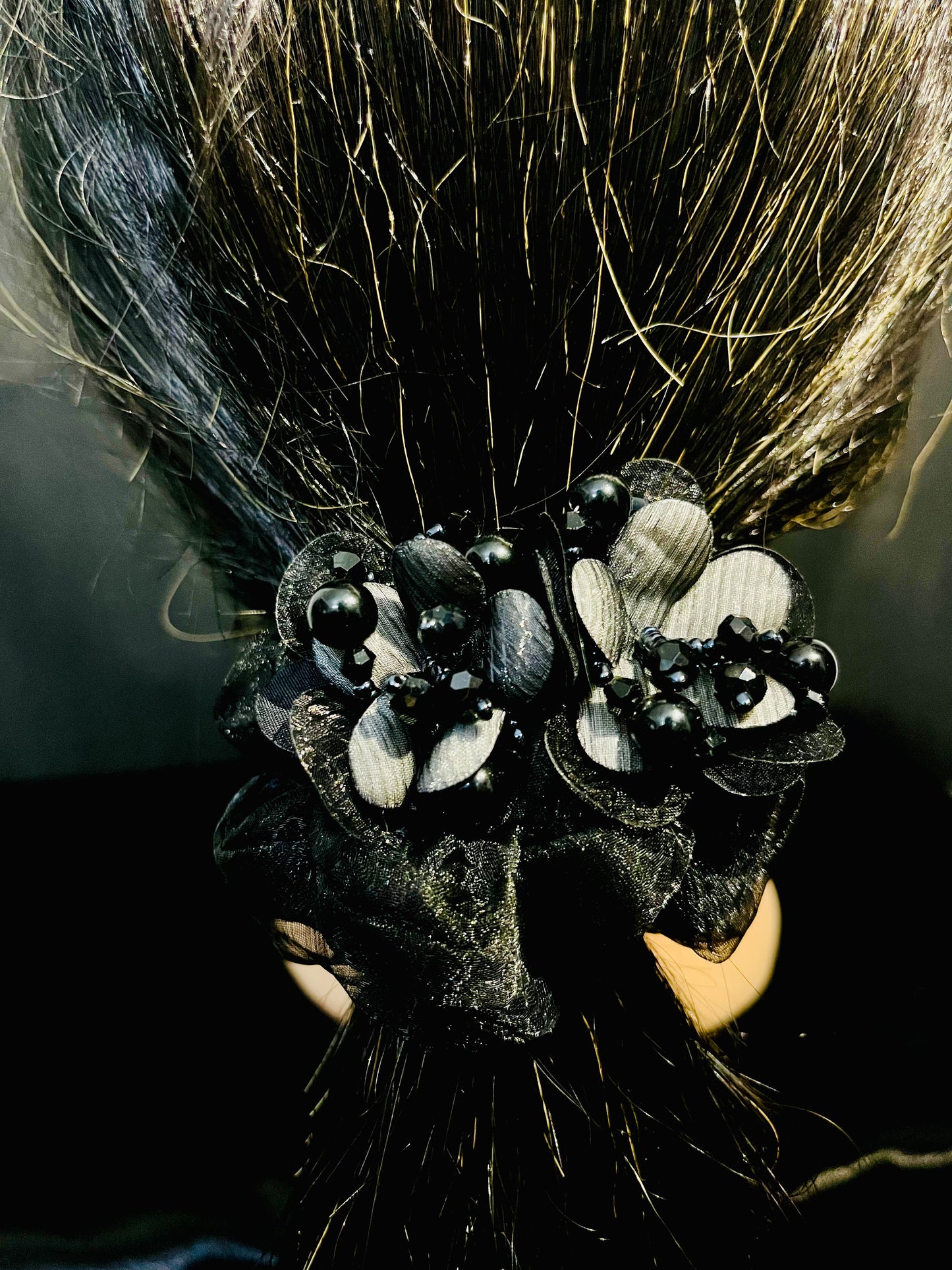 Pack of 2 Black Floral Scrunchies with Beads & Crystal Detailing – Designer Hair Ties