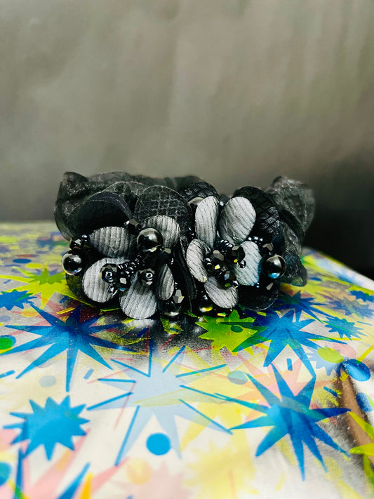 Pack of 2 Black Floral Scrunchies with Beads & Crystal Detailing – Designer Hair Ties
