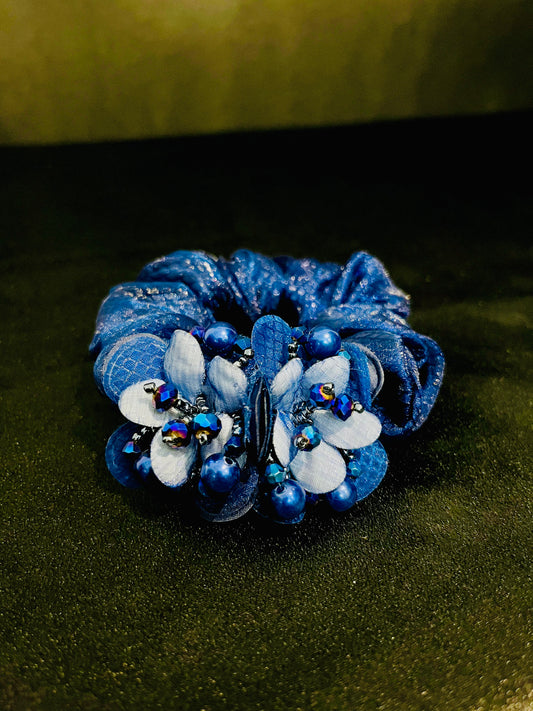 Pack of 2 Blue Floral Scrunchies with Beads & Crystal Detailing – Designer Hair Ties