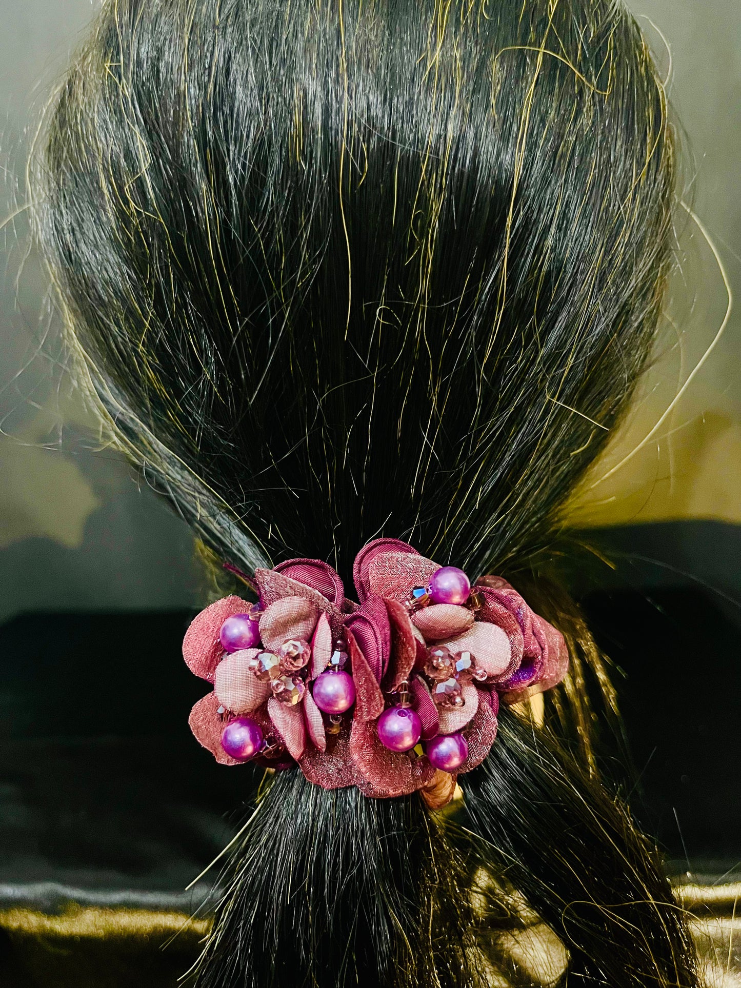 Pack of 2 Pink Floral Scrunchies with Beads & Crystal Detailing – Designer Hair Ties