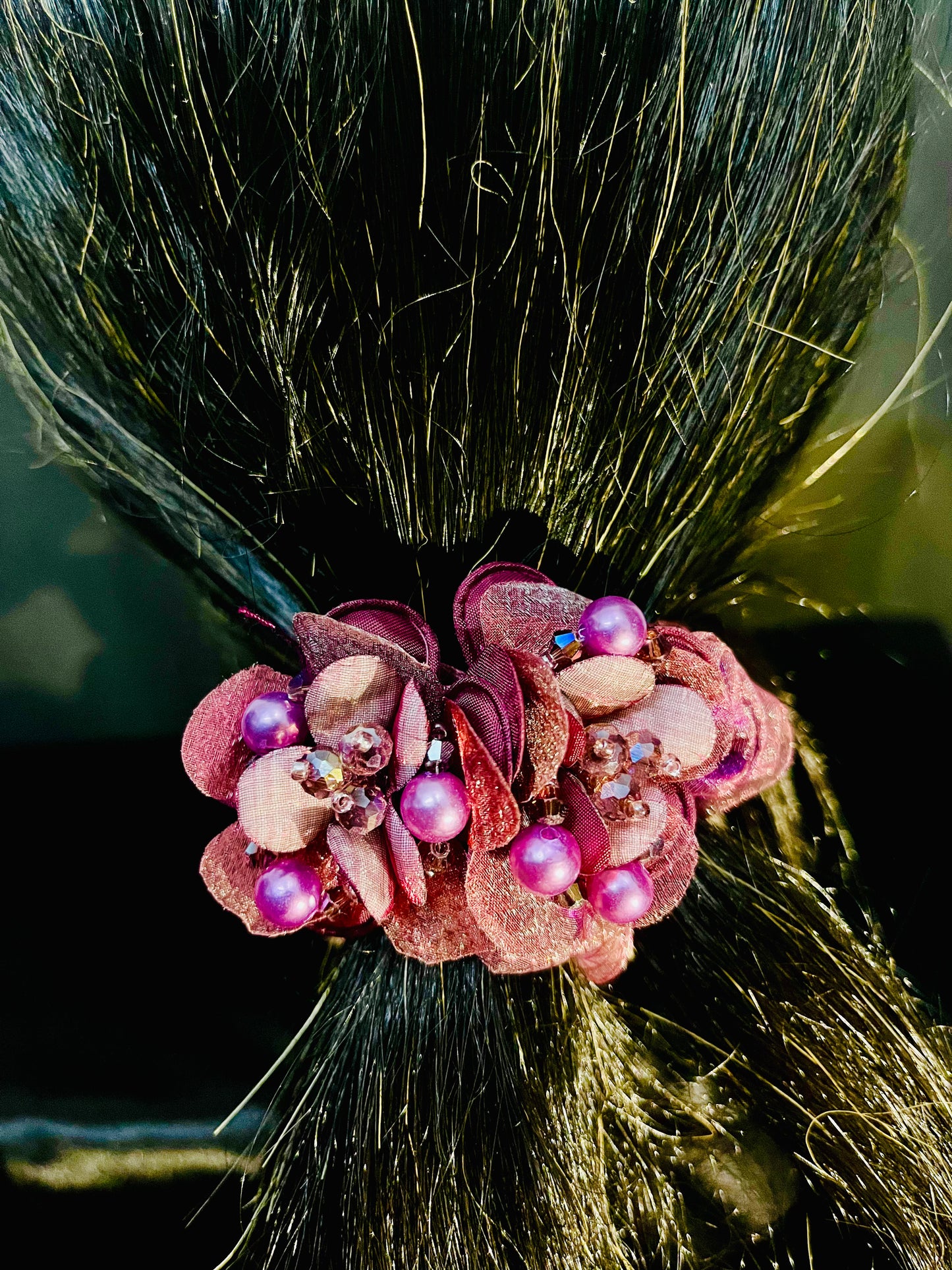 Pack of 2 Pink Floral Scrunchies with Beads & Crystal Detailing – Designer Hair Ties