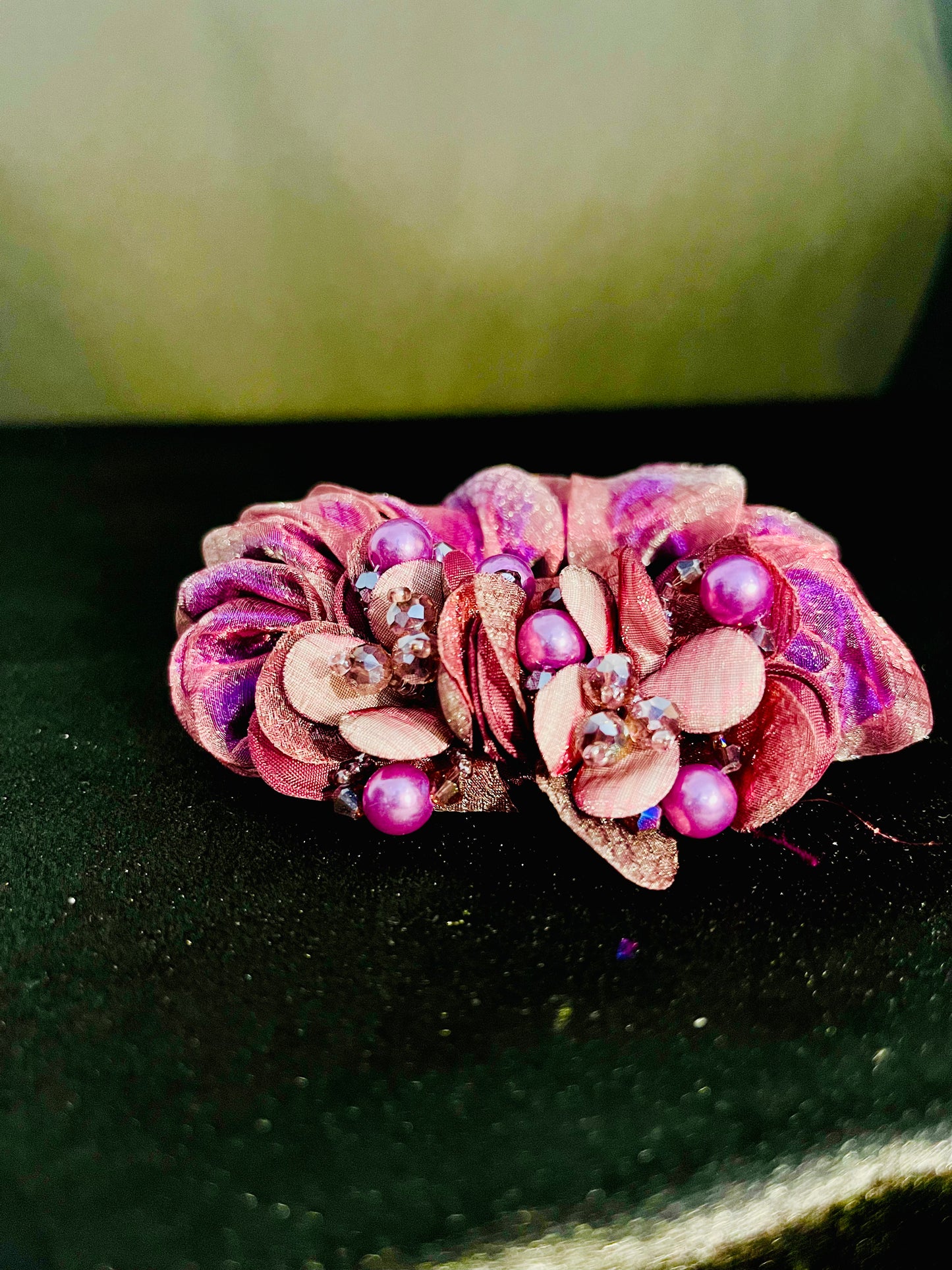 Pack of 2 Pink Floral Scrunchies with Beads & Crystal Detailing – Designer Hair Ties