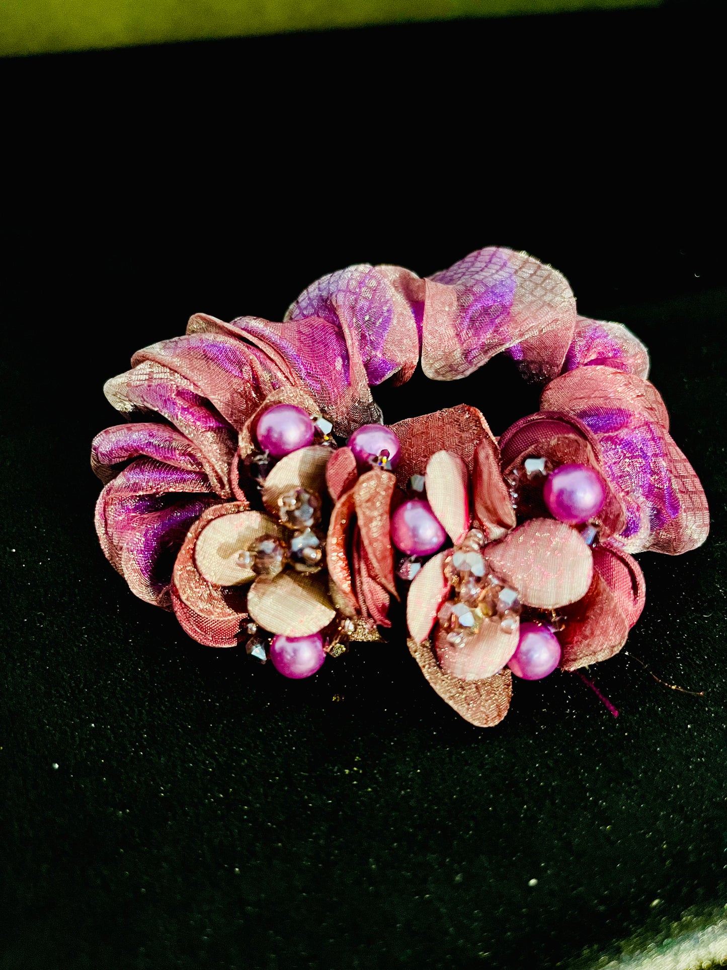 Pack of 2 Pink Floral Scrunchies with Beads & Crystal Detailing – Designer Hair Ties
