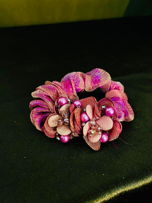 Pack of 2 Pink Floral Scrunchies with Beads & Crystal Detailing – Designer Hair Ties